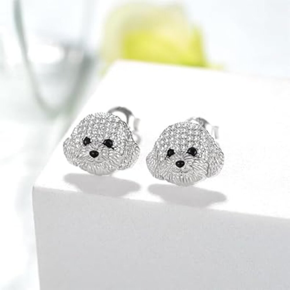 Cute Maltese Dog Earrings‎ Post Style Silver Color Great Gift Idea